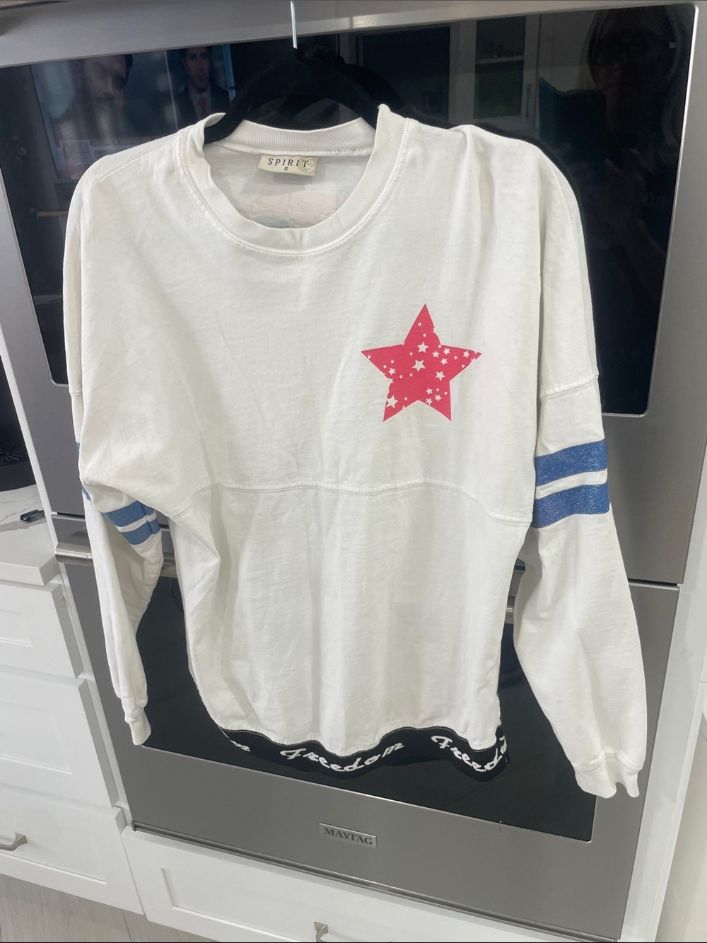 Spirit  White Long-Sleeve Top with Pink Star and Blue Sleeve Stripes